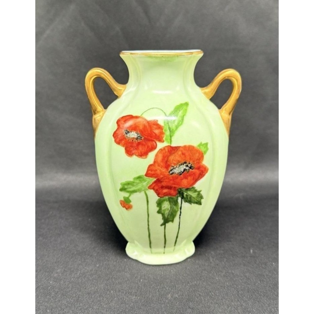 Vintage Noritake Nippon Hand Painted Poppy‎ Floral Vase Gold Handles 6.25 Inch